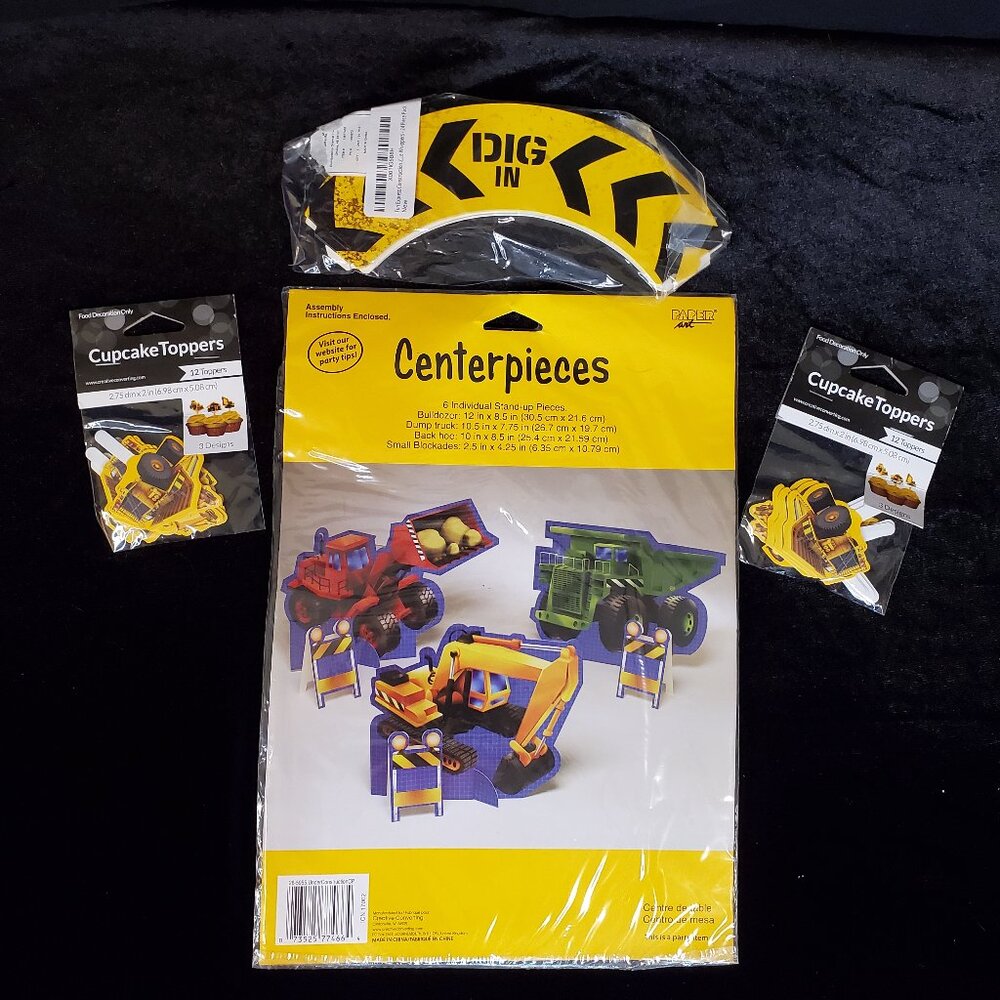 NWT Construction Birthday Party Supplies Centerpiece Cupcake Toppers Wrappers
